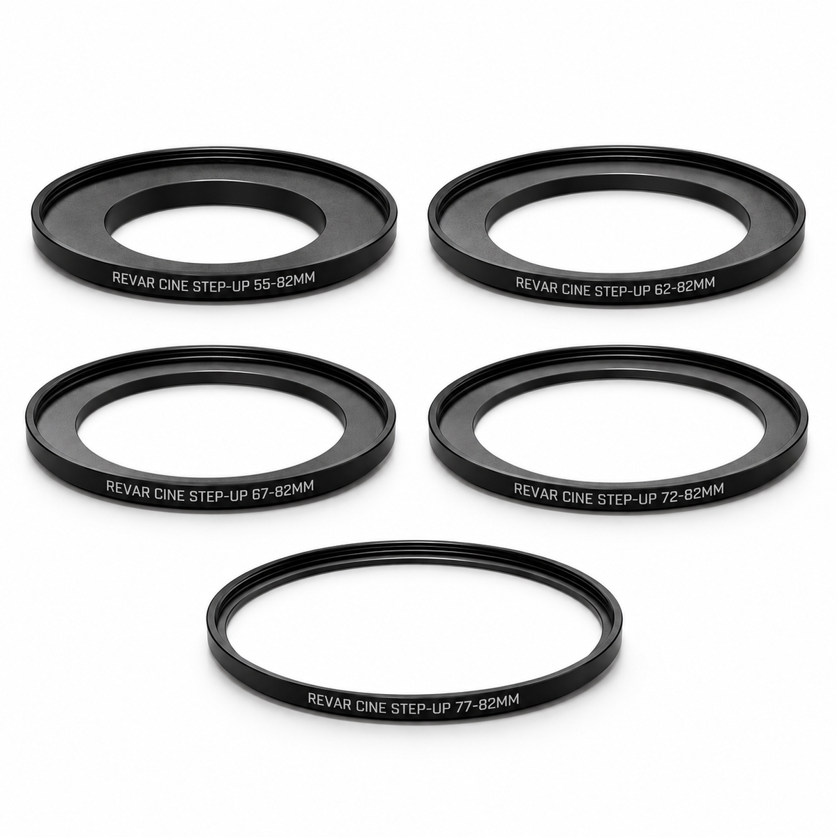 Revar Cine 82mm Step-Up Ring Kit with five rings: 55–82, 62–82, 67–82, 72–82, and 77–82mm