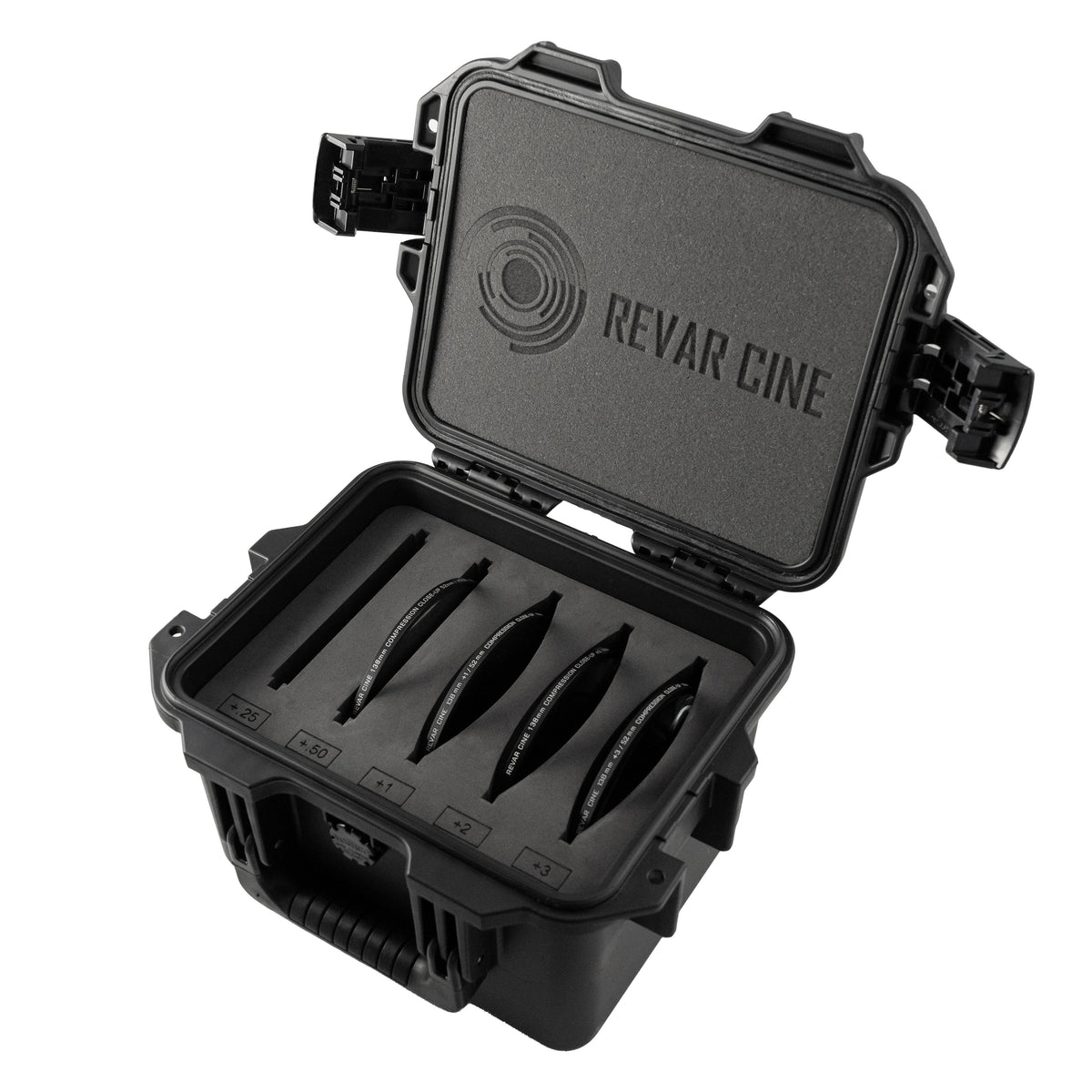 Open Revar Cine protective case with fitted foam and round filters