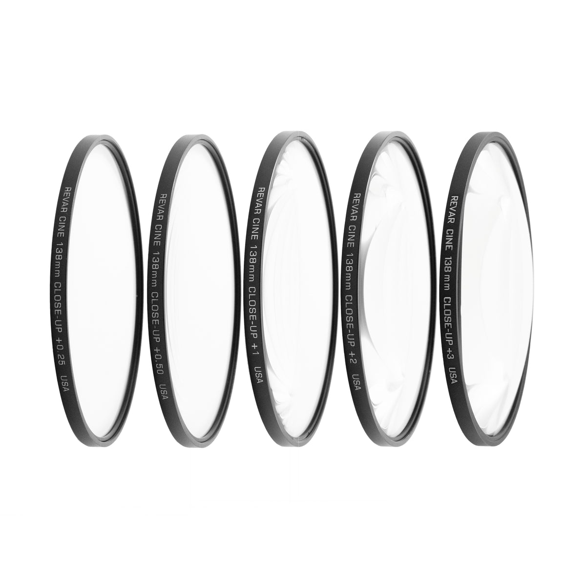 Five Revar Cine 138mm full close-up diopters arranged in a row