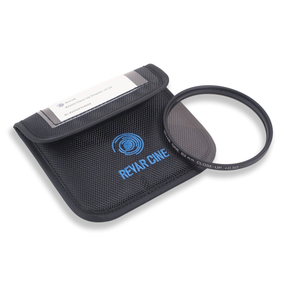 Revar Cine 82mm +0.50 close-up diopter beside a protective pouch