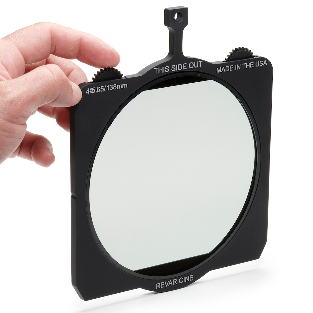 Hand adjusting the geared wheel on a Revar Cine Rota Tray circular polarizer