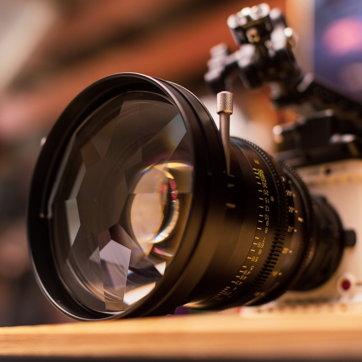 Kaleidoscope filter mounted on a cinema lens using an Atlas holder